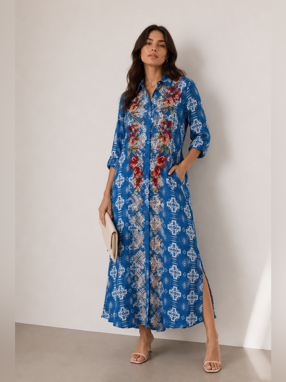 Resort wear Blue Boho Floral Maxi Dress Button Front Embroidered poolside